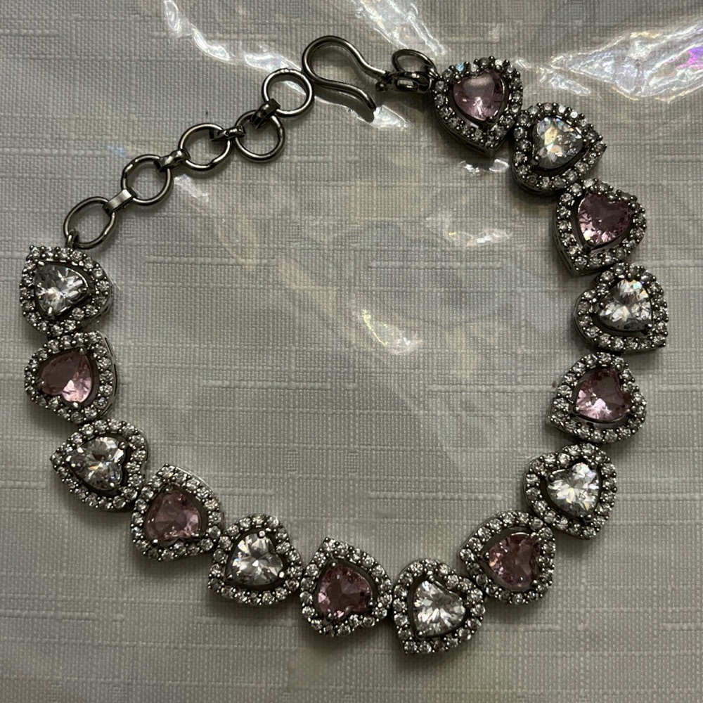 Cubic Zirconia Heart Tennis Bracelet - Pink&Silver